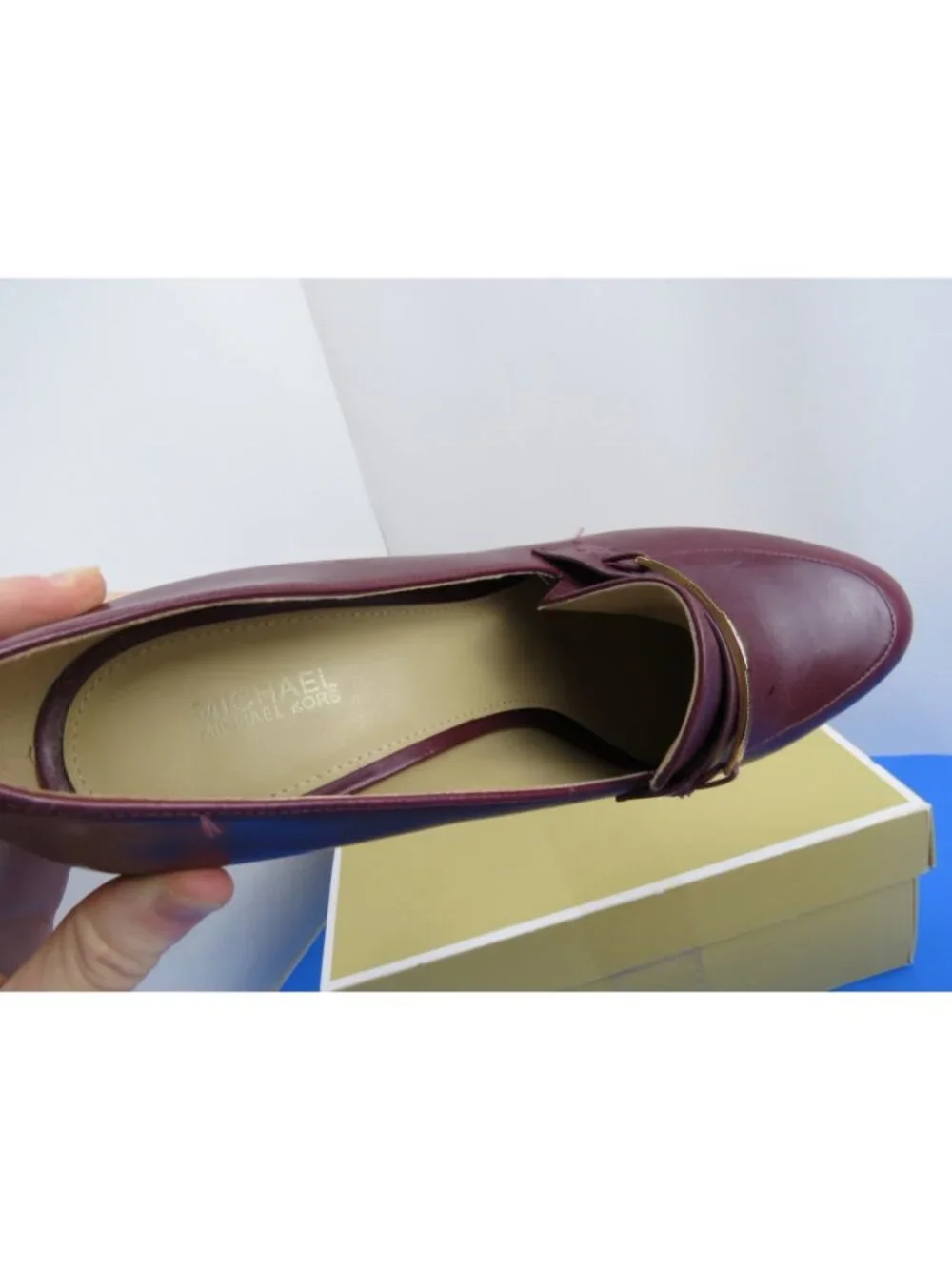 Michael Kors Leather Sheila Merlot Burgundy Mid Loafer Pumps Block Heel 10